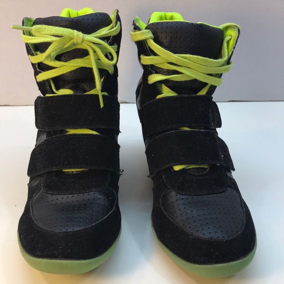 Sugar Black & Lime Green Wedge Sneakers Size 8.5 - Picture 2 of 8